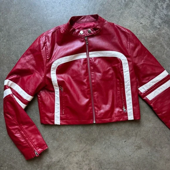 Red and White Women's Faux Leather Jacket - Picture 3 of 7